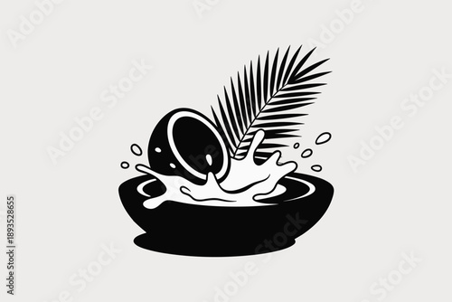 Coconut Milk Splash with Palm Leaf, tropical refreshment concept