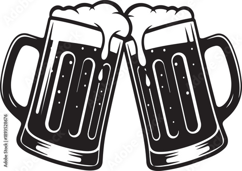 A striking black and white illustration depicts two full beer mugs clinking together in a celebratory toast symbolizing friendship and good times high-quality professional