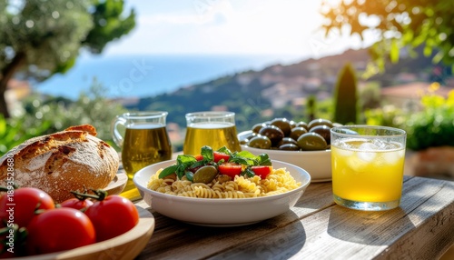 A vibrant summer food and drink display fresh Mediterranean pasta, artisan bread, ripe tomatoes, olives, golden olive oil, and refreshing beverages on a scenic outdoor table