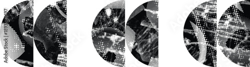 Textured half circles vector set. Glitched social media templates . Trendy defect error shapes . Glitched frame .Grunge textured. Distressed effect. Shapes with a halftone dots screen print texture.
