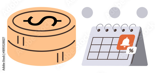 Budget management, financial planning, savings, money management, deadlines, interest rates. Coin stack and calendar with reminder icon. Budget management and financial planning concept