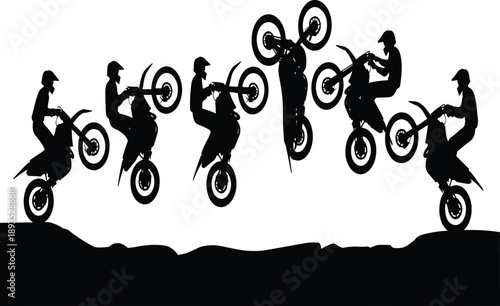 Dynamic black silhouette set of six motocross riders performing extreme jumps flips and stunts on dirt bikes over rugged terrain vector illustration isolated on white background