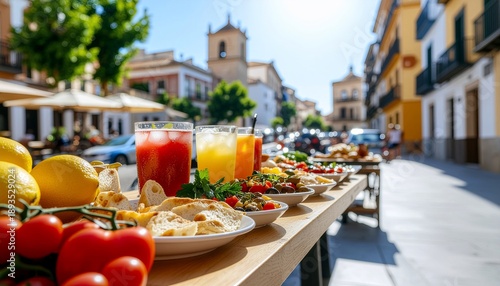 Vibrant outdoor dining scene featuring an array of fresh Mediterranean-inspired food and colorful refreshing drinks on a sun-drenched street patio in a charming European town