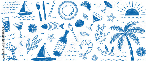 Hand drawn summer beach line art illustration set, seafood cocktails sailboats palm trees, seaside dining and vacation icons collection