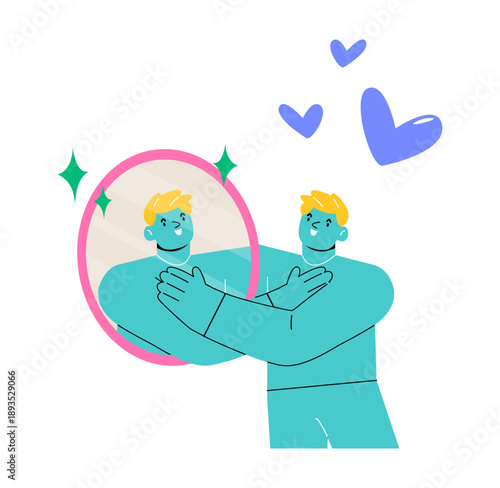Man hugs his reflection in the mirror. Concept of self-love and self-acceptance. Colorful vector illustration