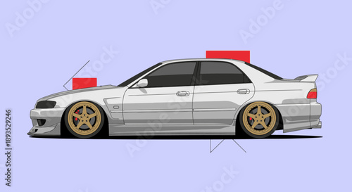Vector illustration of a silver sports car with gold rims and red spoilers.