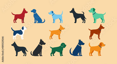 Colorful dog silhouettes in various poses and breeds.