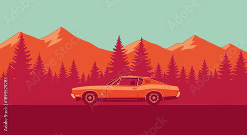 Vintage car driving through a scenic mountain landscape with trees.