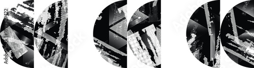 Textured half circles vector set. Glitched social media templates . Trendy defect error shapes . Glitched frame .Grunge textured. Distressed effect. Shapes with a halftone dots screen print texture.
