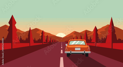 Vintage Car Traveling Down a Deserted Highway at Sunset.