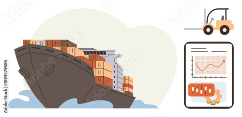 Global trade, logistics, supply chain, export, shipping, data analysis. Cargo ship with containers and forklift alongside a chart. Global trade and logistics theme modern supply chain