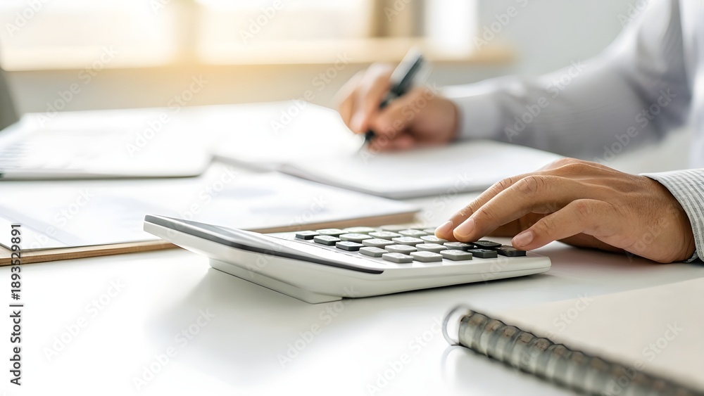 Fototapeta premium Close Up of Fingers Pressing Calculator Buttons on a Clutter Free Desk, Professional Workspace Scene Highlighting Focused Financial Calculation, Precision, and Modern Office Productivity