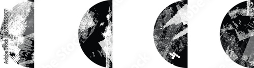 Textured half circles vector set. Glitched social media templates . Trendy defect error shapes . Glitched frame .Grunge textured. Distressed effect. Shapes with a halftone dots screen print texture.
