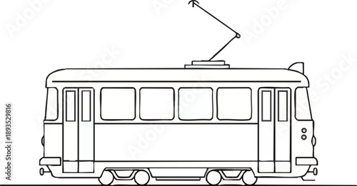 Retro streetcar urban transport vehicle outline illustration.