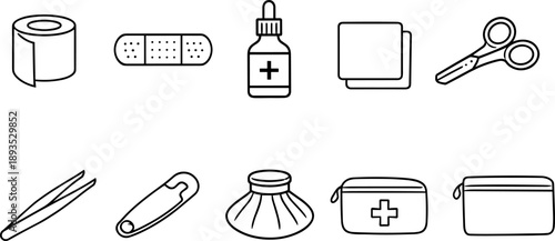 Collection of essential first aid kit icons and medical supplies for emergencies