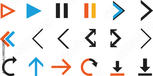 Modern media control arrow icon set with play pause rewind forward refresh symbols colorful minimal vector illustration for UI UX interface design