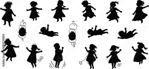 Children playing silhouette collection, kids jumping running poses, childhood activity illustration set, black vector figures isolated