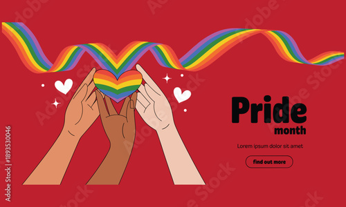 Pride Month celebration banner illustration, diverse hands holding rainbow heart, LGBTQ love equality concept, inclusion support, modern flat design