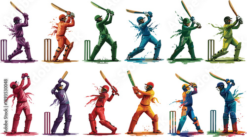 Cricket batsman action illustration set, colorful sports players swinging bat poses, dynamic cricket match vector artwork