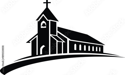 Black silhouette illustration of a classic Christian church building with tall steeple cross bell tower arched windows and curved base on hill vector graphic isolated on white background