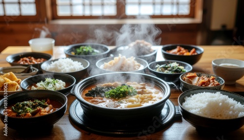 A vibrant and warm traditional Korean meal featuring a steaming hot pot surrounded by an abundant assortment of flavorful side dishes and fluffy rice, an inviting culinary spread