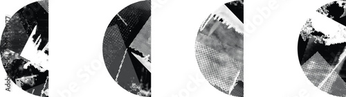 Textured half circles vector set. Glitched social media templates . Trendy defect error shapes . Glitched frame .Grunge textured. Distressed effect. Shapes with a halftone dots screen print texture.
