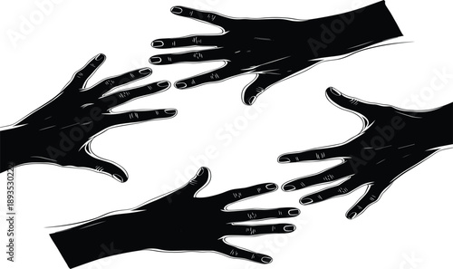 Black silhouette illustration of four diverse hands reaching and touching in a circle forming unity solidarity teamwork and connection symbol vector graphic isolated on white background