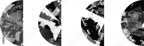 Textured half circles vector set. Glitched social media templates . Trendy defect error shapes . Glitched frame .Grunge textured. Distressed effect. Shapes with a halftone dots screen print texture.
