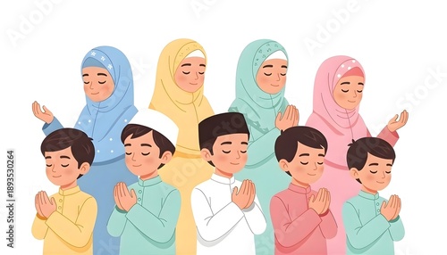 Wallpaper Mural A diverse group of Muslim children and women standing together in prayer with hands clasped. Torontodigital.ca