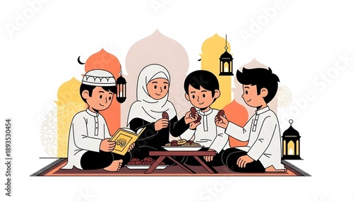Four happy Muslim children joyfully share dates and read their holy books during a spiritual gathering.