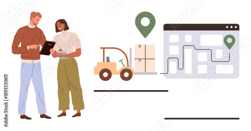 Supply chain management, delivery services, logistics planning, warehouse operations, route optimization, shipment tracking. Workers discussing logistics, forklift with packages map visual. Supply