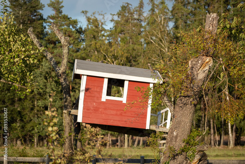 Red swedish treehouse on Visingsö island