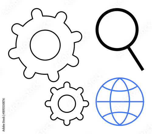 Gears symbolize mechanism and optimization, magnifying glass signifies search and focus, globe represents connectivity and globalization. Ideal for technology, innovation, business strategy