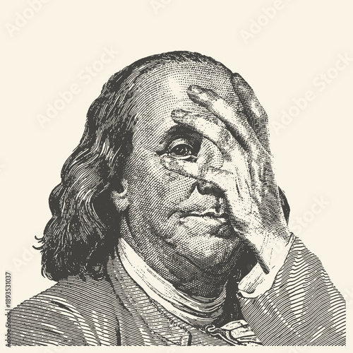 Classic Engraved Portrait of Benjamin Franklin with Hand Covering Face in a Humorous Facepalm Gesture, Symbolizing Financial Disappointment and Shame