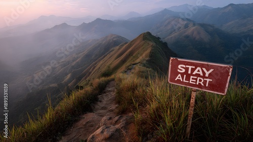 Stay alert warning sign on mountain ridge trail with sunrise landscape.