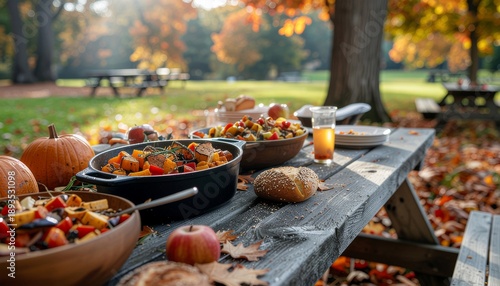 An inviting outdoor autumn picnic featuring a vibrant and delicious food spread on a rustic wooden table, adorned with colorful fall foliage and decorative pumpkins