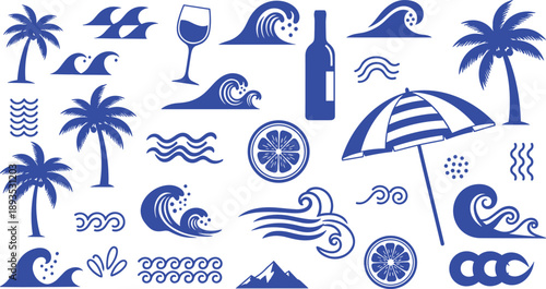 Summer beach icon set with waves palm trees umbrella citrus wine bottle minimal blue vector illustration seaside holiday travel design