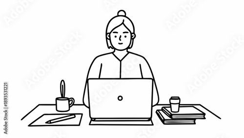 Minimalist line art illustration featuring a woman diligently working on her laptop at a clean desk, embodying focused productivity and modern remote work practices in a professional setting