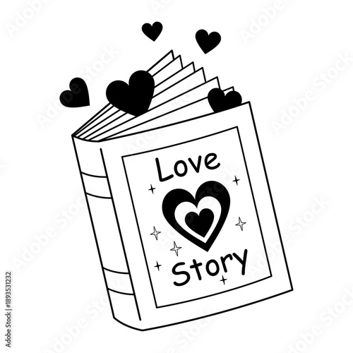 Valentine bookish clipart in black color , Romance books doodle, Valentines day vector illustration, Love readers sticker outline, Romantic school aesthetic.