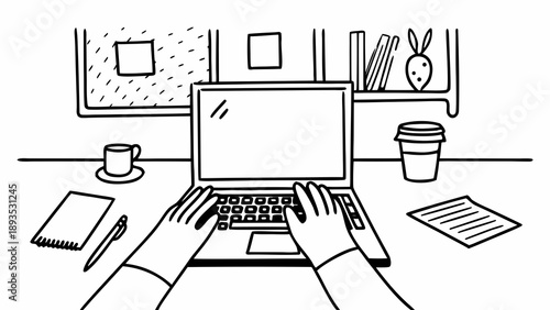 Engaged in digital work Hands actively typing on a laptop, presented within a clean, organized desk environment, symbolizing modern productivity, remote work, and focused effort