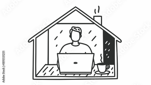 Illustration of a person working remotely on a laptop in a cozy home office setup, with a cup of coffee and a window view