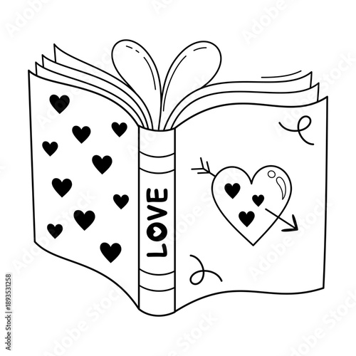 Valentine bookish clipart in black color , Romance books doodle, Valentines day vector illustration, Love readers sticker outline, Romantic school aesthetic.