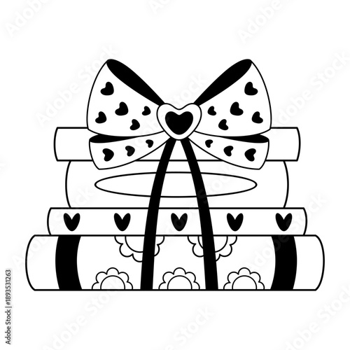 Coquette Valentine books doodle. Romance bookish clipart in black color, Valentines day design, Romantic school aesthetic. Vector illustration