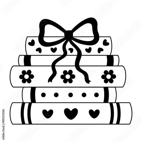 Coquette Valentine books doodle. Romance bookish clipart in black color, Valentines day design, Romantic school aesthetic. Vector illustration