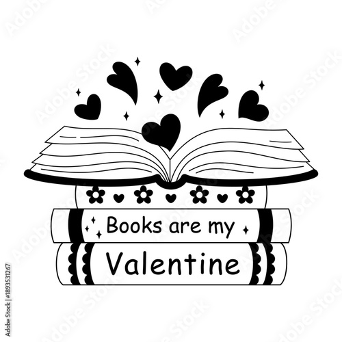 Valentine books with hearts. Books are my Valentine, Romance bookish doodle, Valentines day design in black color, Romantic school aesthetic, Vector illustration