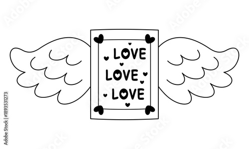 Valentine bookish doodle, Romance book with wings vector illustration in black color, Valentines day design, Book lover gift sticker, Romantic aesthetic.