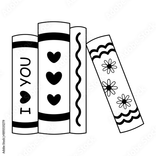 Valentine bookish clipart in black color , Romance books doodle, Valentines day vector illustration, Love readers sticker outline, Romantic school aesthetic.