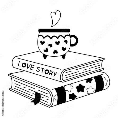 Valentine books with coffee cup vector illustration in black color. Romance bookish doodle, Valentines day design, Romantic aesthetic.