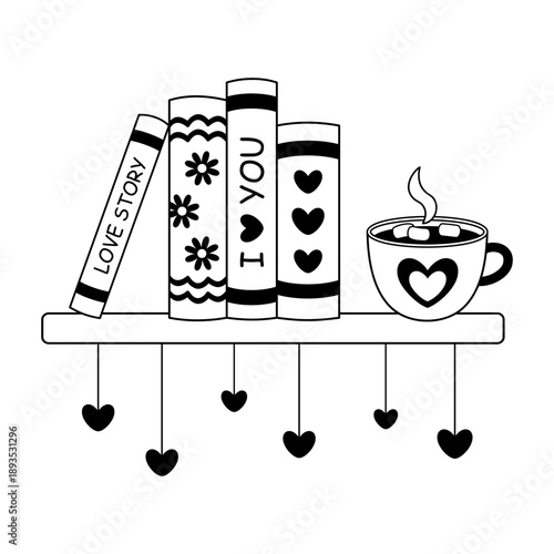 Valentine bookshelf with books and hot chocolate cup. Romance bookish clipart, Valentines day doodle in black color, Romantic aesthetic. Bookstore vector graphic.