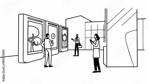 People interacting with digital displays in a modern art gallery or exhibition hall